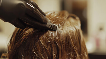 Fototapeta premium A stylist is using a hairdryer and comb to dry someone's hair in a salon. You can see the hair drying up close. It's all about taking care of yourself.