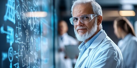 Portrait of a chemist presenting research results to a team, confident expression, charts and chemical structures displayed on a whiteboard