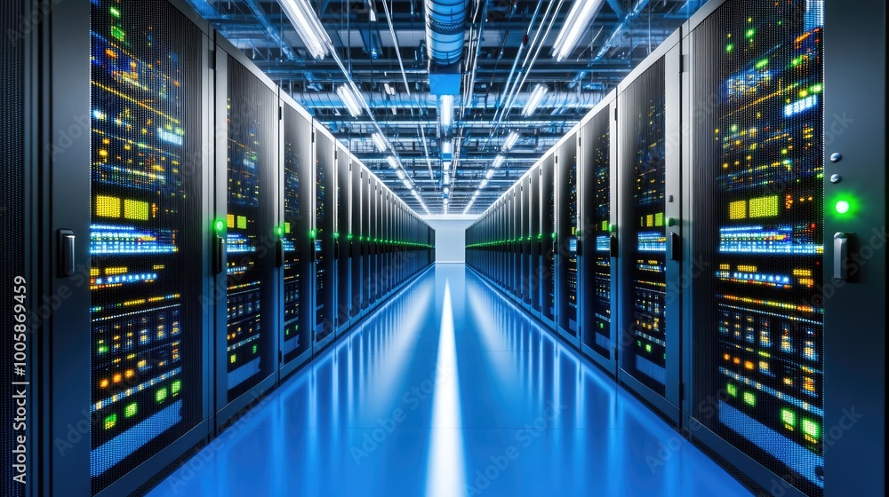 Poster a modern data center showcasing rows of servers with vibrant lights, illustrating advanced technolog