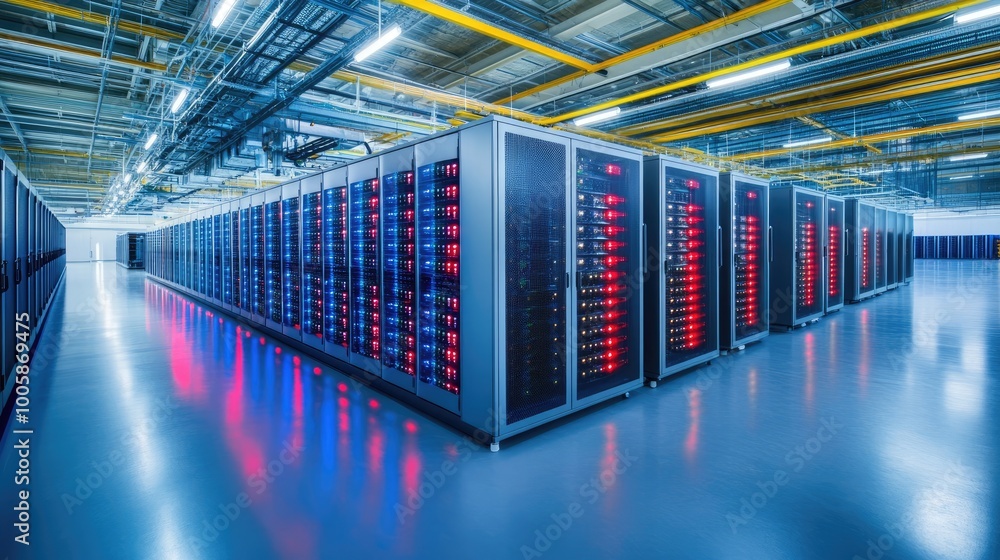 Aufkleber a modern data center showcasing rows of servers with vibrant led lights, emphasizing storage and tec