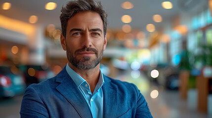 Obraz premium An automobile salesman stands in the sales room of a car dealership