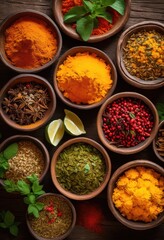 Fototapeta premium colorful display vibrant indian spices creatively arranged stunning visual appeal culinary inspiration, curry, saffron, turmeric, cumin, coriander