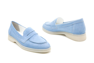 Pair of fashionable stylish suede leather loafer shoes isolated on white background. View from all sides.	