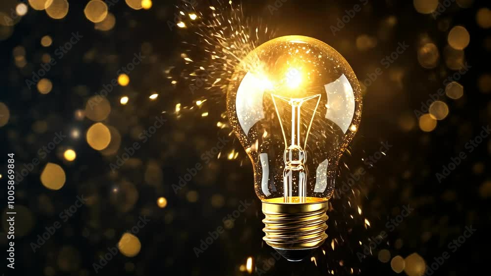 Poster A glowing light bulb with sparks flying from it against a dark background with bokeh lights