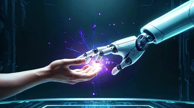A robotic hand reaching out to a human hand with a glowing light between them.