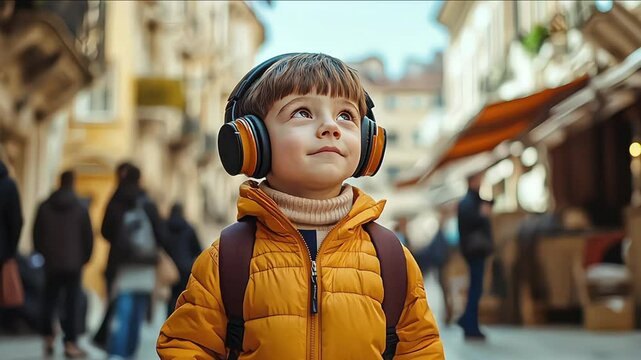 Boy on the autism spectrum wearing noise cancelling headphones from the back in a big crowd