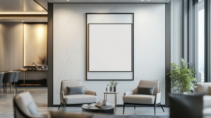Fototapeta premium A modern lounge area featuring two chairs, a blank framed artwork, and a plant.