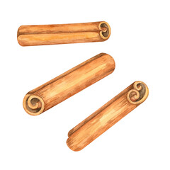 Three cinnamon sticks in brown tones, watercolor illustration perfect for enhancing seasonal menus, holiday invitations, and cozy kitchen decor. Spice Clipart for culinary branding and packaging
