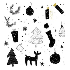 A Stylish Black and White Christmas Illustration Featuring Trees Ornaments and Gifts for Holiday Decor