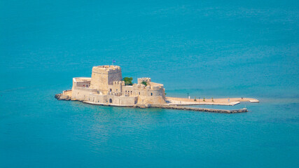 Aerial photo of Bourtzi castle in Nafplio, Greece