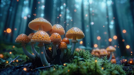 A fantasy of a dark forest floor, focusing on a group of wild, colorful, beautiful mushrooms unlike anything in existence. The mushrooms are mysteriously lit from behind.