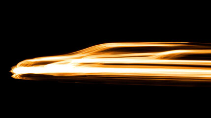 Dynamic light trails create sense of speed and motion, capturing essence of fast moving vehicle against dark background. vibrant orange hues add energy and excitement to image