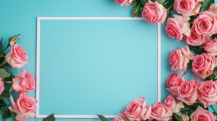 Beautiful White Roses with Empty Frame on Blue Background