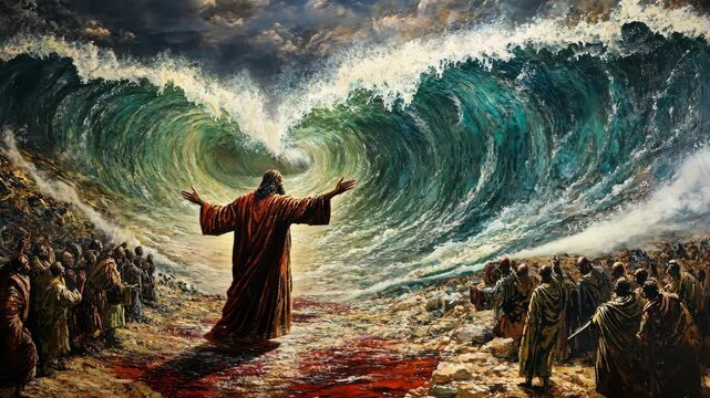 A painting depicts Jesus parting the Red Sea, a momentous event in biblical history