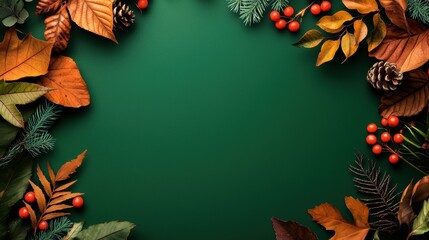 Colorful Autumn Leaves and Berries on Green Background