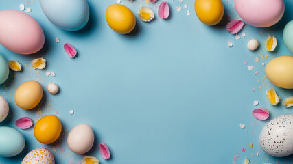 A collection of pastel-colored Easter eggs with decorative blue flowers and pampas grass on a blue background.