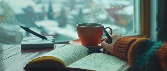 A person journaling with a cup of tea beside them and a scenic view outside the window 