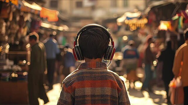 Boy on the autism spectrum wearing noise cancelling headphones from the back in a big crowd