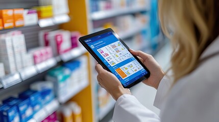 A pharmacist using a tablet to check medication information in a pharmacy setting, showcasing modern healthcare technology.