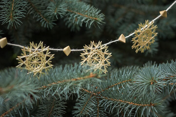 Snowflake are made of straw. Christmas decor. Small depth of field