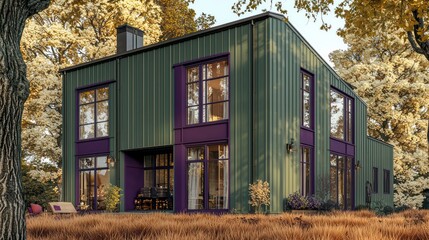 Contemporary farmhouse with vertical sea green paneling, plum window trim, set on burnt sienna grass and encircled by cream-colored trees, merging modern with natural