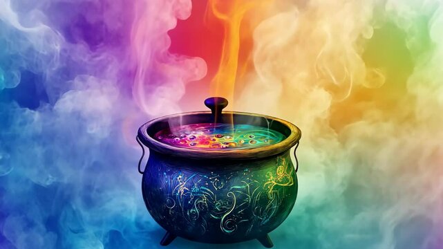 A cauldron with colorful liquid boils and steams, surrounded by vibrant, swirling smoke