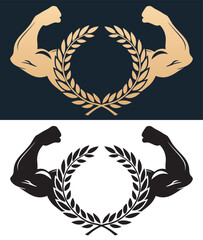laurel wreath with muscle arms, symbol in gold and black color