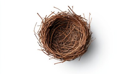 Obraz premium A rustic brown bird nest made of twigs, showcasing intricate weaving and a cozy center, perfect for nature-themed designs.