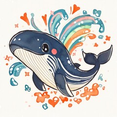 Cartoon Whale with Rainbow Splashes