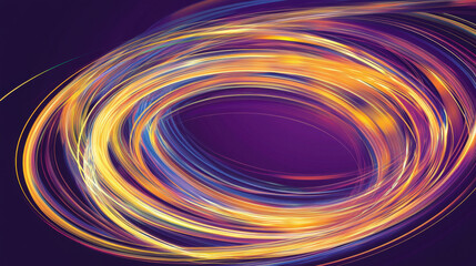 Vibrant swirling light patterns create mesmerizing visual effect, blending colors like yellow, orange, and purple. This abstract design evokes sense of motion and energy