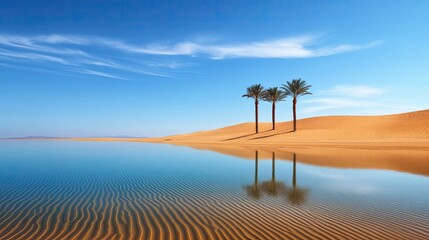 A serene desert landscape featuring palm trees, sand dunes, and a clear blue sky reflecting in calm water.