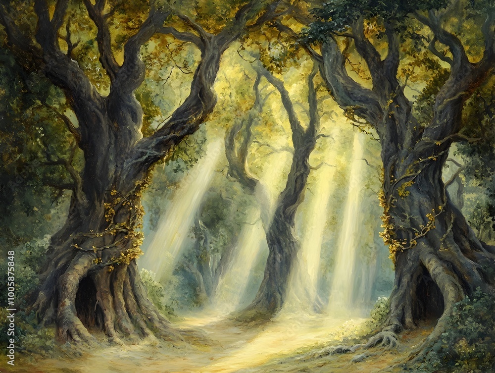 Poster enchanting fairytale forest scene with towering gnarled trees cascading vines and dancing sprites il