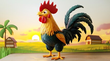 Energetic 3D Cartoon Rooster at Sunrise