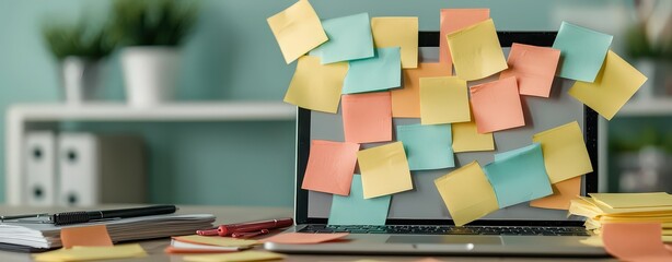 A cluttered desk with a laptop covered in colorful sticky notes, representing organization, planning, and productivity in a workspace.