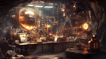 A Steampunk Laboratory Inside a Cave with Machinery and Equipment
