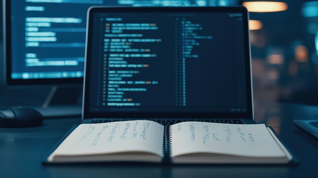 Laptop displaying code with open notebook in front, symbolizing programming and software development in a tech workspace.