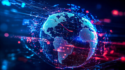 Global network connecting cities with data transferring around a pixelated globe