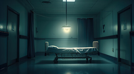 A dark hospital room with a dim light over an empty hospital bed. Tone is sad, ominous.