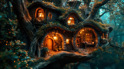 Obraz premium Fantasy house in forest, fairytale home in tree trunk at night