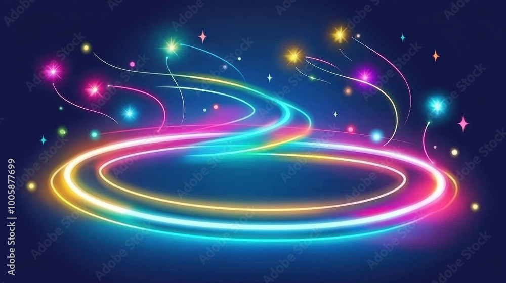 Poster vibrant neon lights swirl in mesmerizing pattern, creating magical atmosphere filled with colorful s