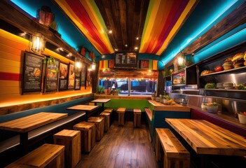 vibrant food truck interior displaying culinary delights colorful decor cozy atmosphere, design, kitchen, gourmet, menu, dining, fresh, ingredients, snack