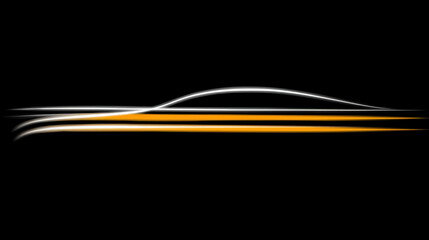 Sleek car silhouette with dynamic lines in white and orange against black background, conveying speed and modern design