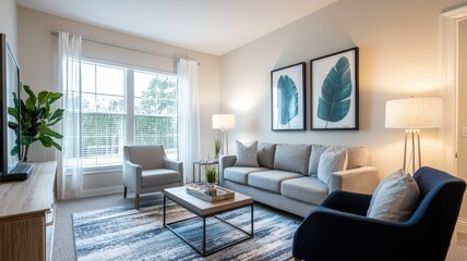 A cozy, modern living room featuring a comfortable sofa, stylish decor, and natural light from large windows, creating an inviting atmosphere.