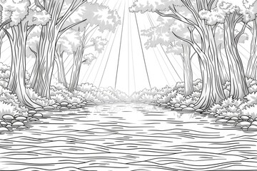 Coloring book illustration of a serene forest with reflections in water and light rays creating a mystical atmosphere Enchanting woodland scene with a tranquil lake