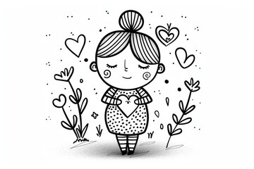 Coloring book illustration of a romantic character holding a heart Elegant figure with a love symbol on a simple background