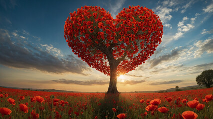 A sunset with a heart-shaped tree made of red flowers in a poppy field under a cloudy sky.