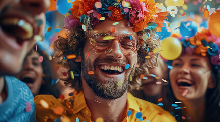 Festive corporate costume party, cheerful and lively atmosphere, people of all ages smiling and laughing, wearing a variety of creative and fun costumes, colorful.