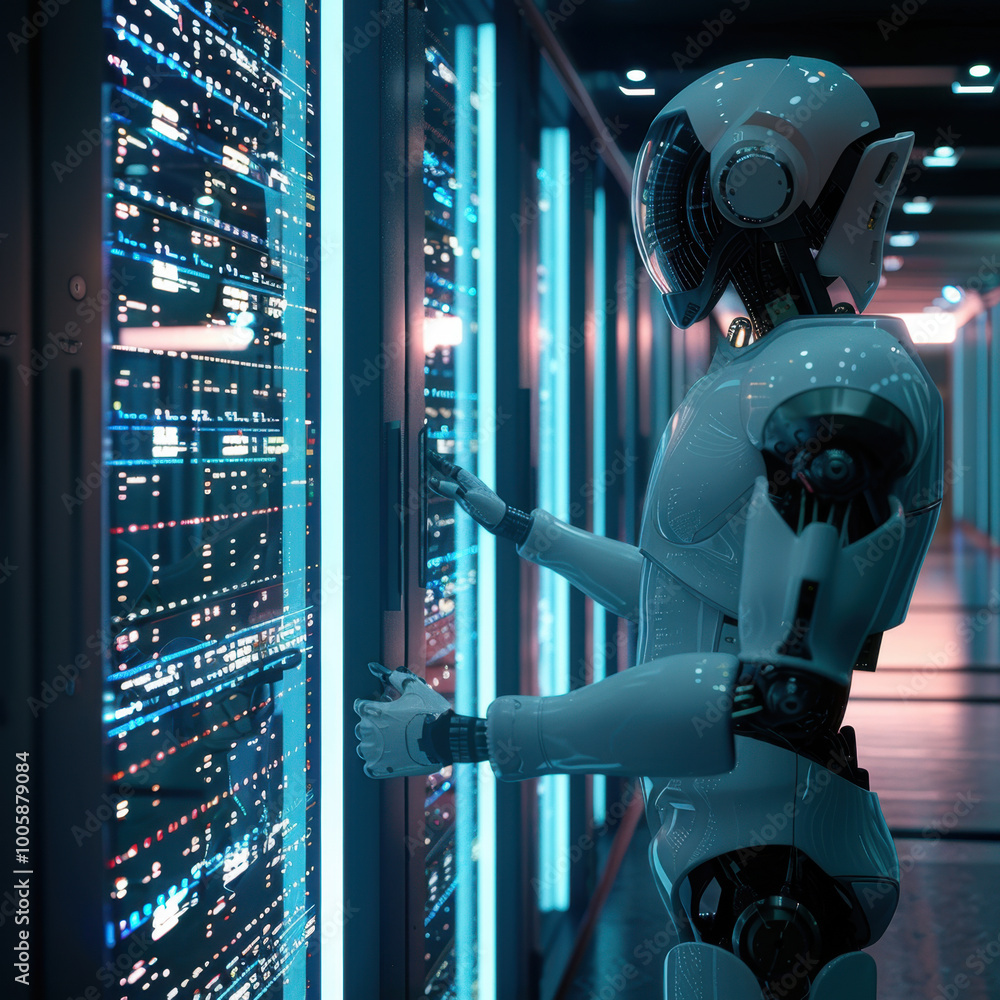 Leinwandbilder futuristic robot interacts with high tech data server, showcasing advanced technology and artificial