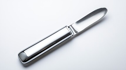 A sleek and modern stainless steel knife on a clean white background, perfect for kitchen and culinary stock imagery.