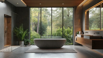 Fototapeta premium Elegant bathroom 3D render with a central tub, panoramic windows, and a blend of raw concrete and wood materials.